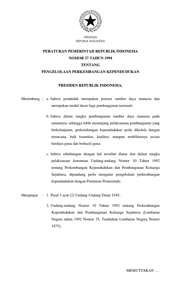 Peraturan Pemerintah Nomor 27 Tahun 1994