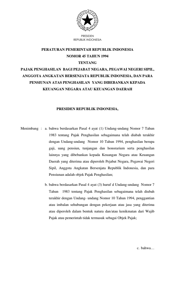 Peraturan Pemerintah Nomor 45 Tahun 1994