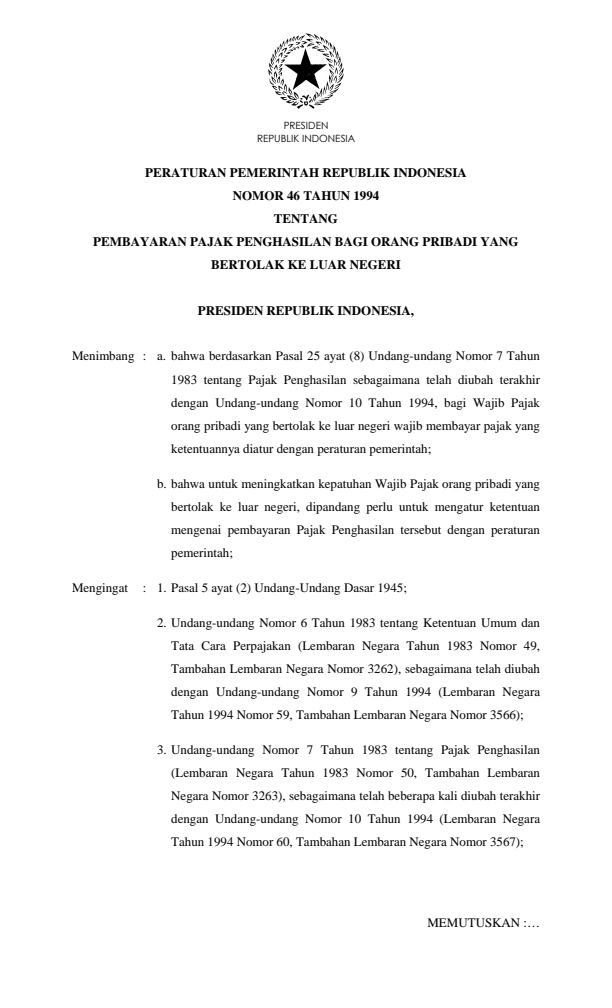 Peraturan Pemerintah Nomor 46 Tahun 1994