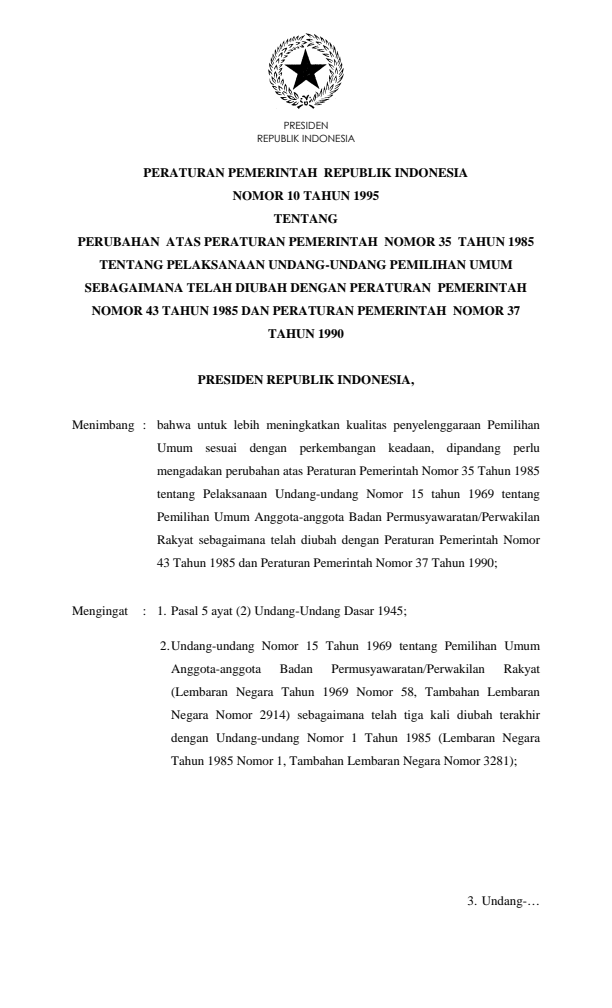 Peraturan Pemerintah Nomor 10 Tahun 1995