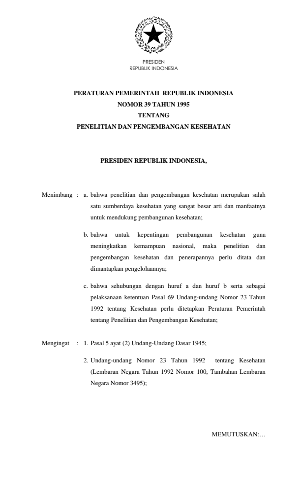 Peraturan Pemerintah Nomor 39 Tahun 1995