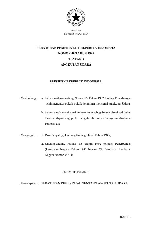 Peraturan Pemerintah Nomor 40 Tahun 1995