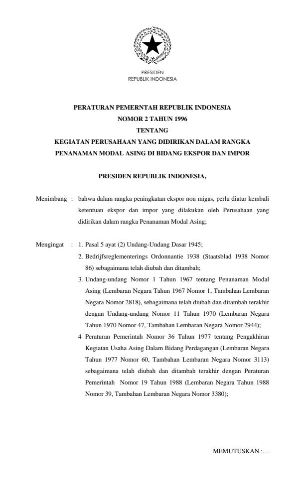Peraturan Pemerintah Nomor 2 Tahun 1996