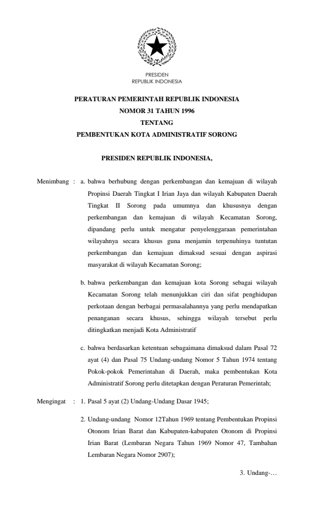 Peraturan Pemerintah Nomor 31 Tahun 1996
