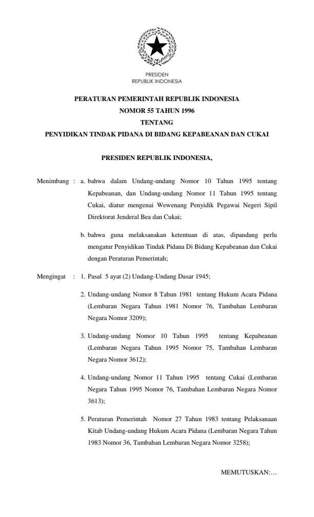 Peraturan Pemerintah Nomor 55 Tahun 1996
