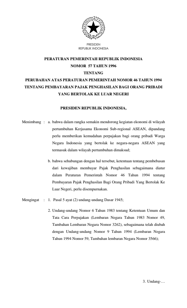 Peraturan Pemerintah Nomor 57 Tahun 1996