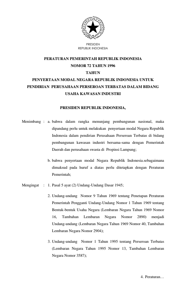 Peraturan Pemerintah Nomor 72 Tahun 1996