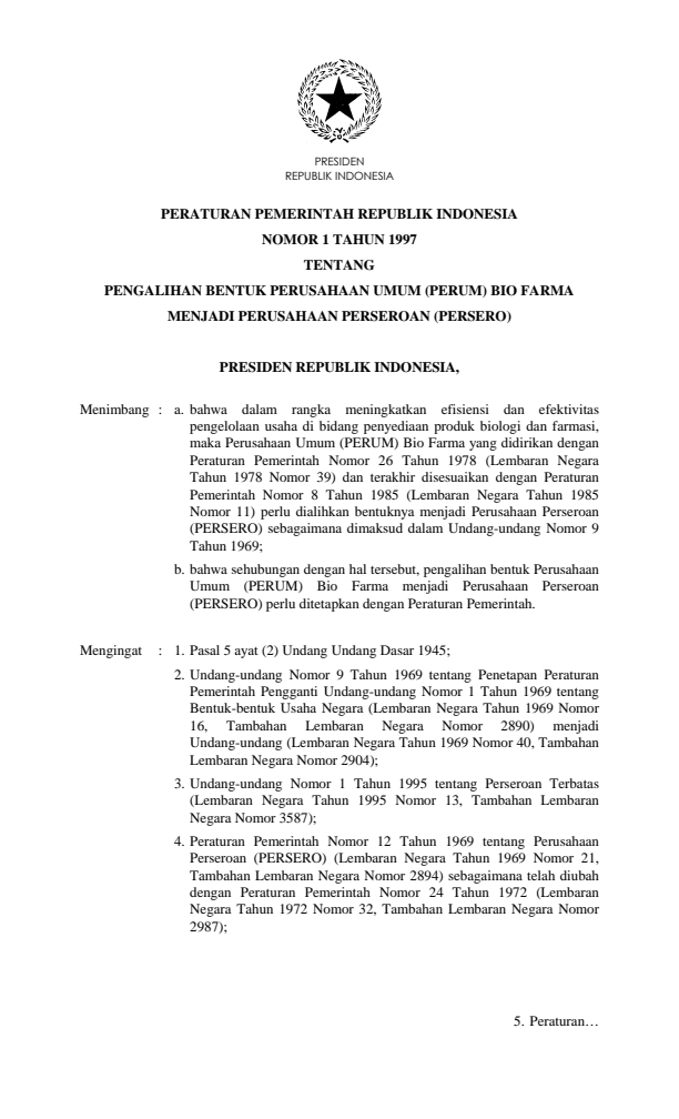 Peraturan Pemerintah Nomor 1 Tahun 1997