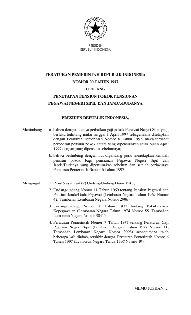 Peraturan Pemerintah Nomor 30 Tahun 1997