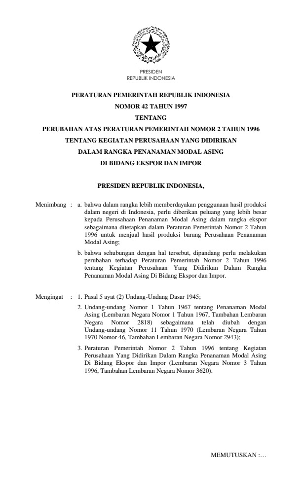 Peraturan Pemerintah Nomor 42 Tahun 1997