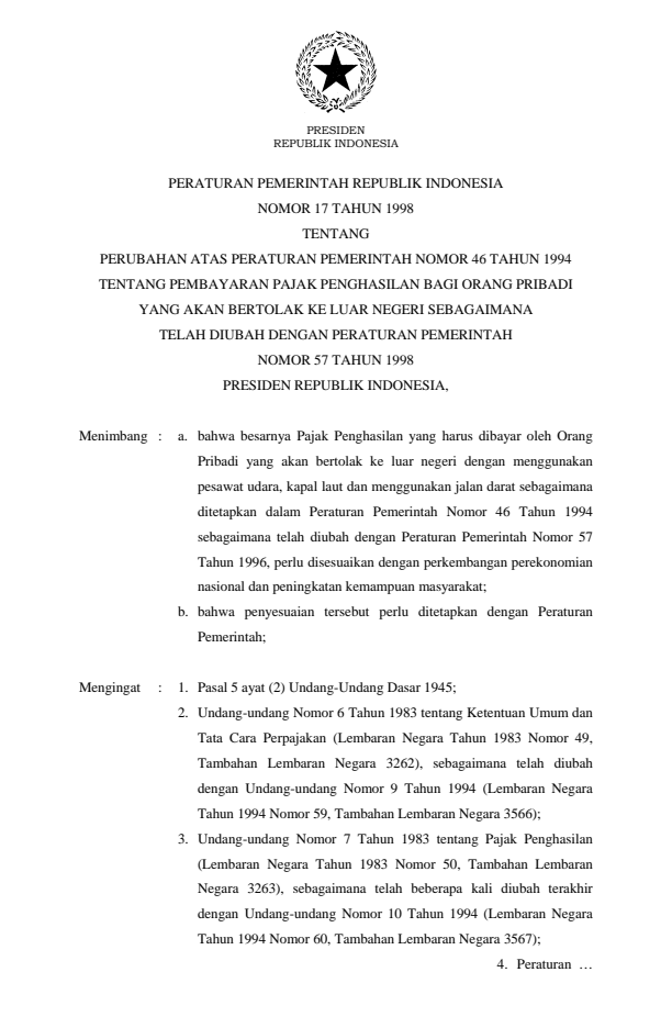 Peraturan Pemerintah Nomor 17 Tahun 1998
