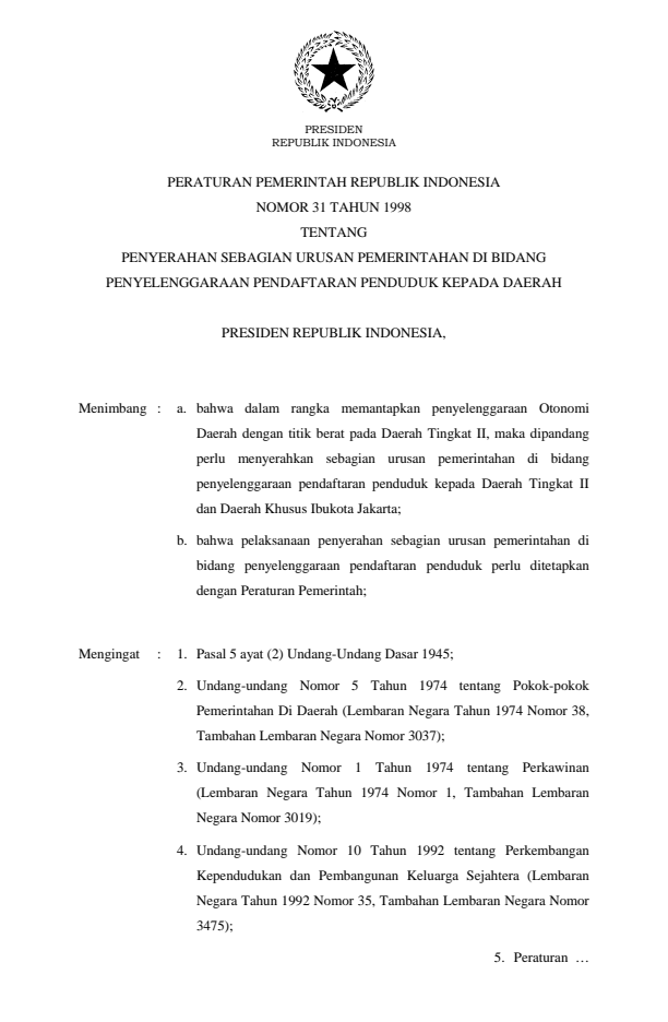 Peraturan Pemerintah Nomor 31 Tahun 1998