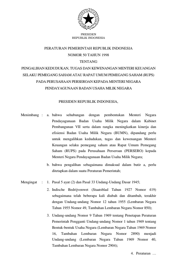 Peraturan Pemerintah Nomor 50 Tahun 1998