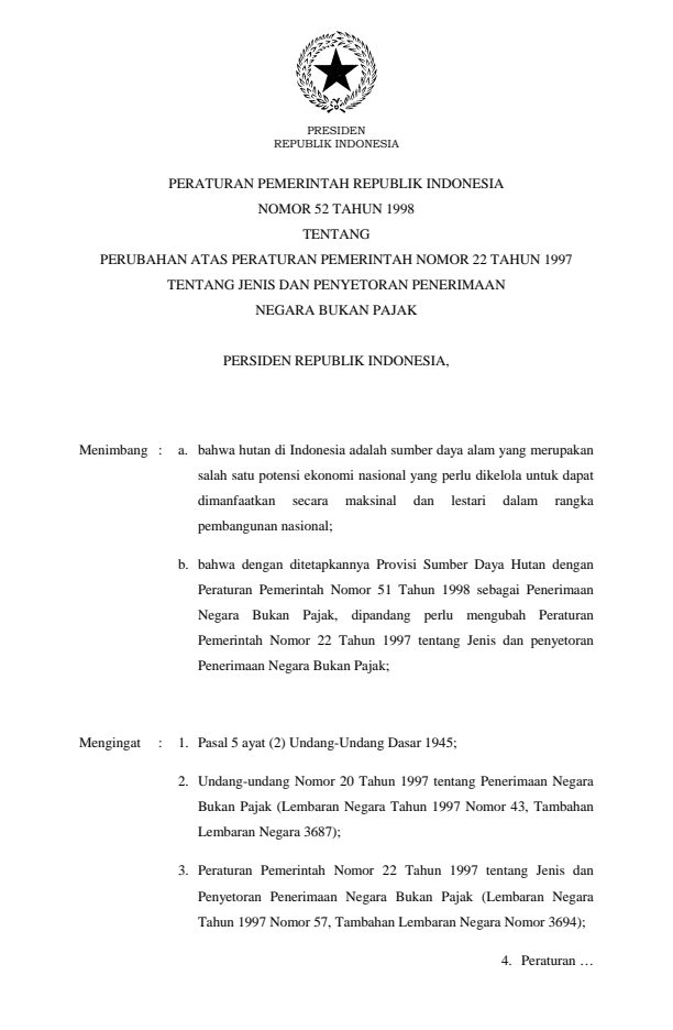 Peraturan Pemerintah Nomor 52 Tahun 1998