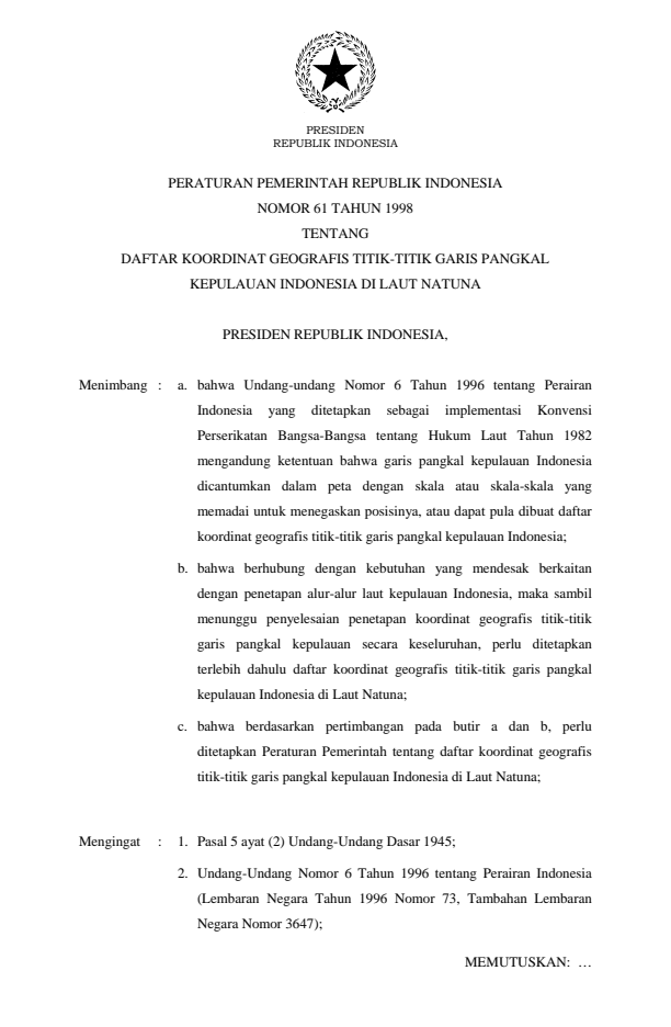 Peraturan Pemerintah Nomor 61 Tahun 1998