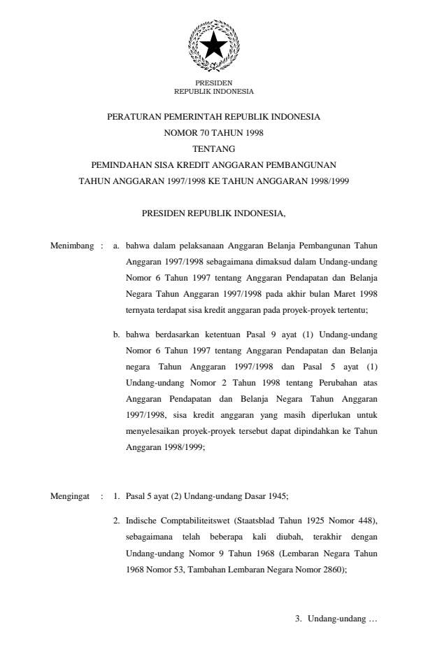 Peraturan Pemerintah Nomor 70 Tahun 1998