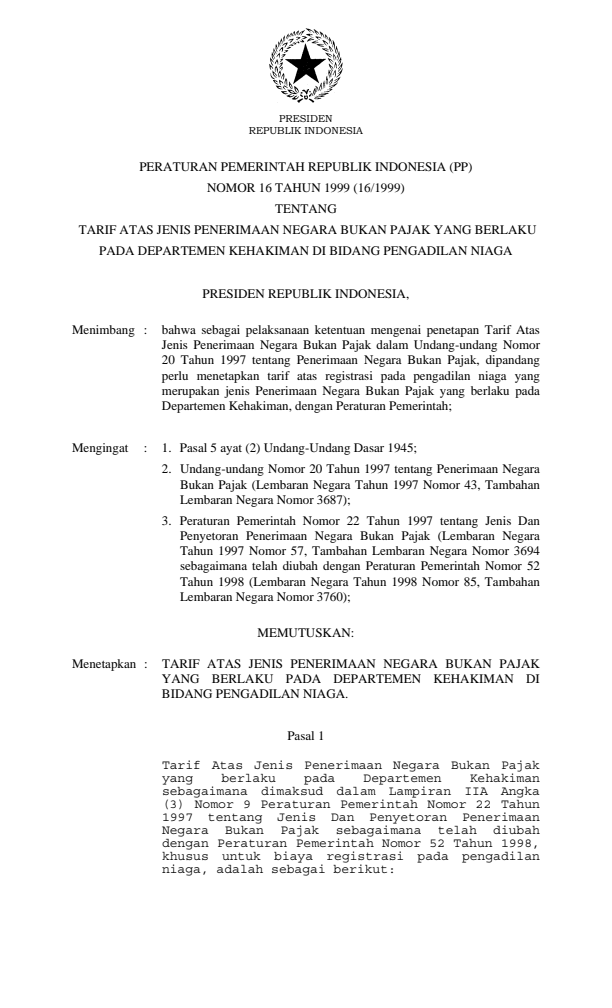 Peraturan Pemerintah Nomor 16 Tahun 1999
