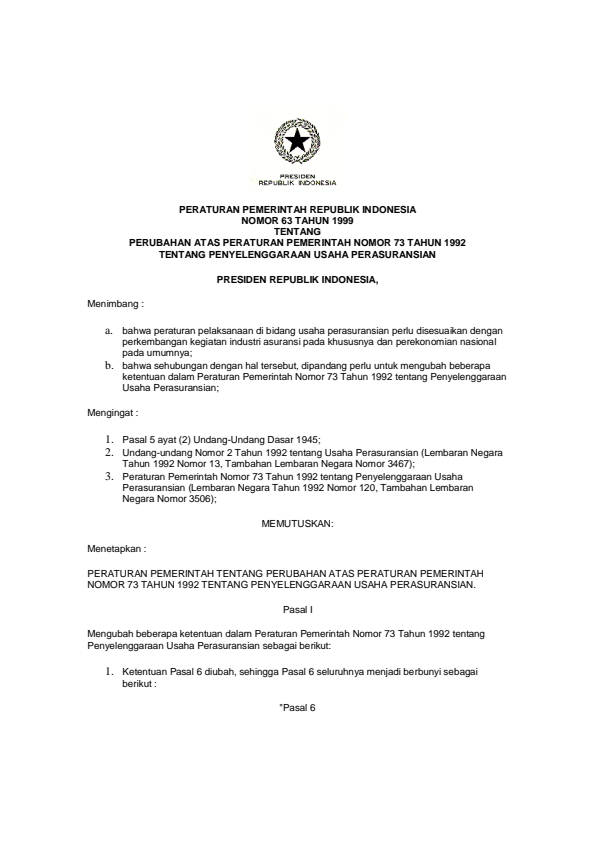 Peraturan Pemerintah Nomor 63 Tahun 1999