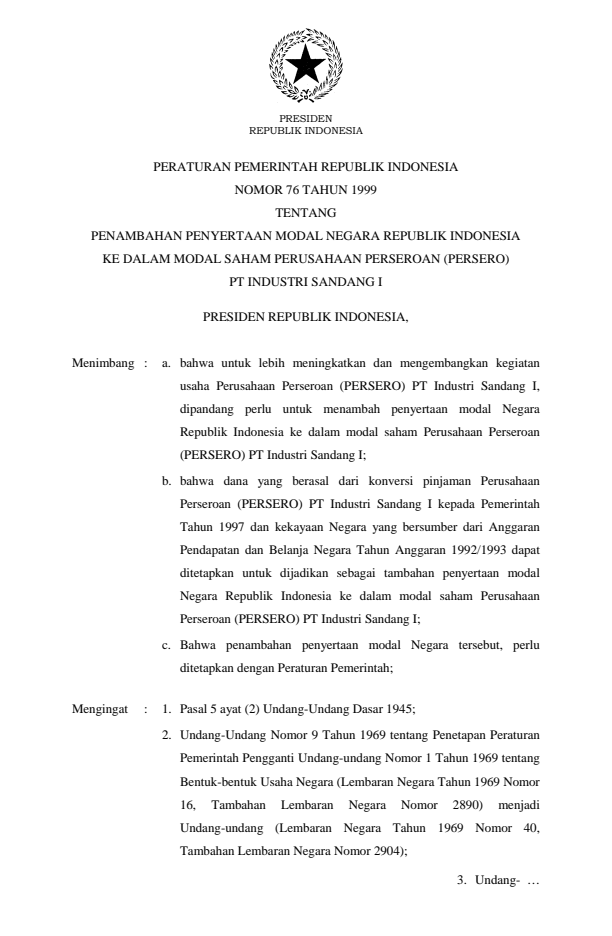 Peraturan Pemerintah Nomor 76 Tahun 1999