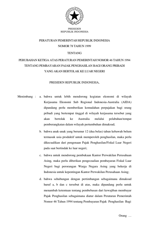 Peraturan Pemerintah Nomor 78 Tahun 1999