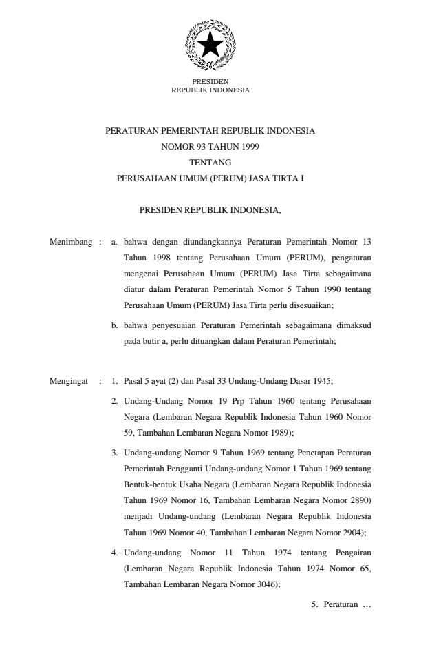 Peraturan Pemerintah Nomor 93 Tahun 1999