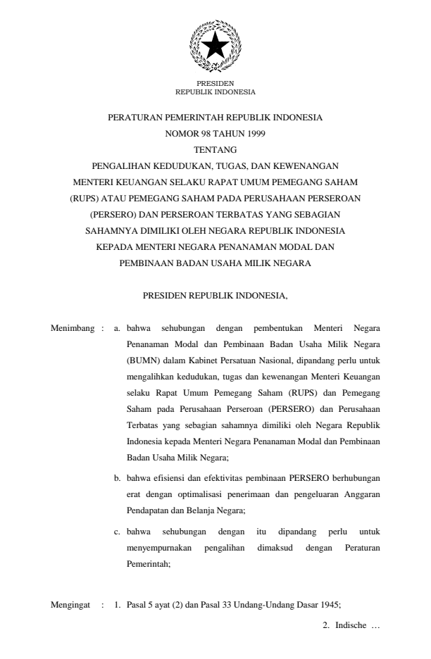 Peraturan Pemerintah Nomor 98 Tahun 1999