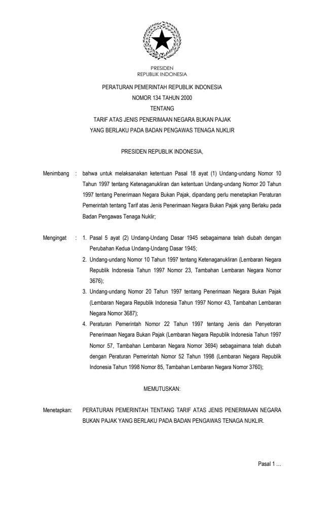 Peraturan Pemerintah Nomor 134 Tahun 2000