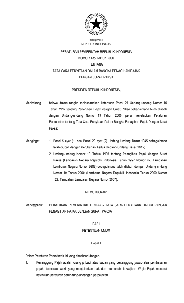 Peraturan Pemerintah Nomor 135 Tahun 2000