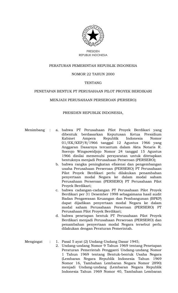 Peraturan Pemerintah Nomor 22 Tahun 2000