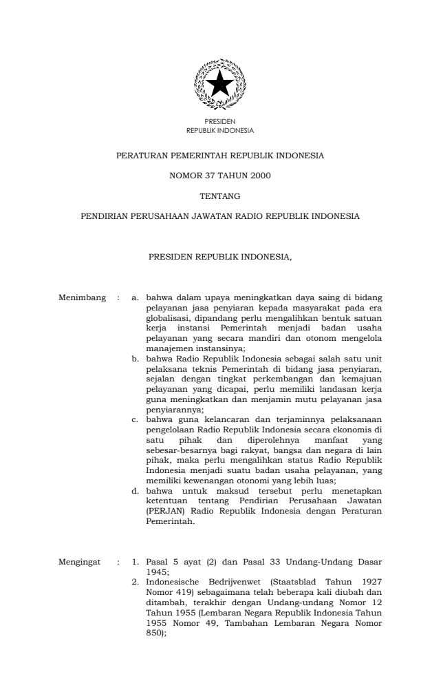 Peraturan Pemerintah Nomor 37 Tahun 2000
