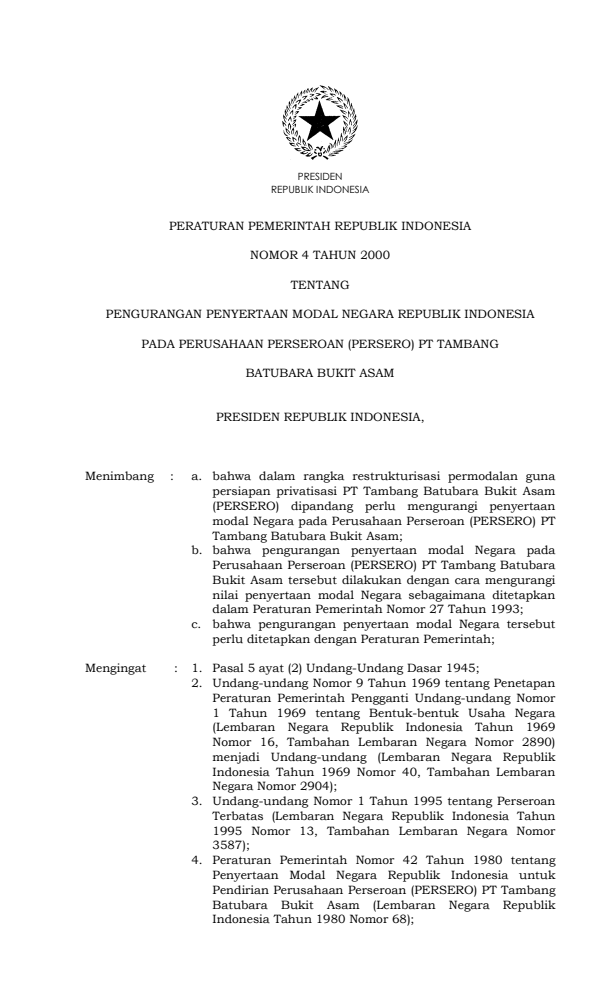 Peraturan Pemerintah Nomor 4 Tahun 2000