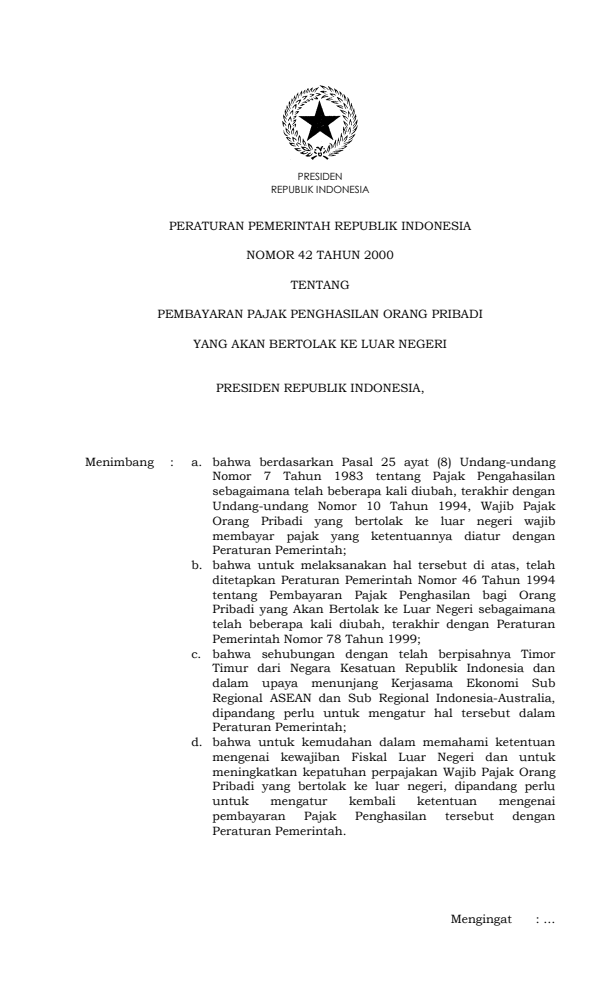 Peraturan Pemerintah Nomor 42 Tahun 2000