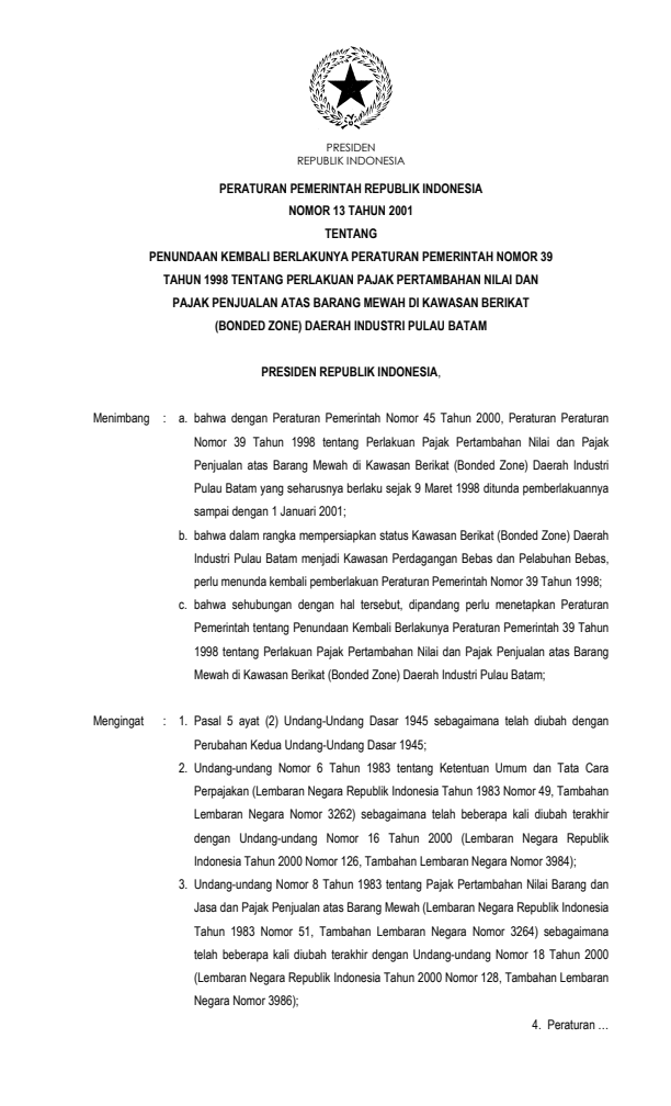 Peraturan Pemerintah Nomor 13 Tahun 2001