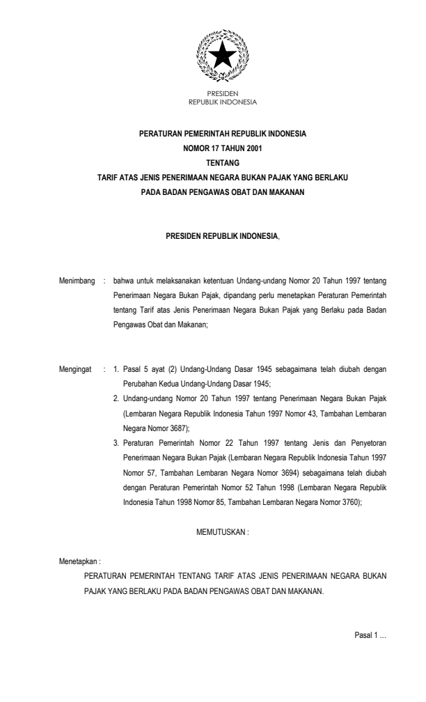 Peraturan Pemerintah Nomor 17 Tahun 2001