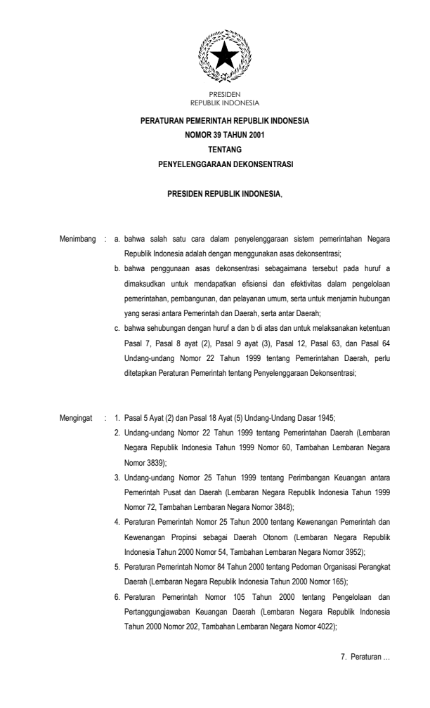 Peraturan Pemerintah Nomor 39 Tahun 2001
