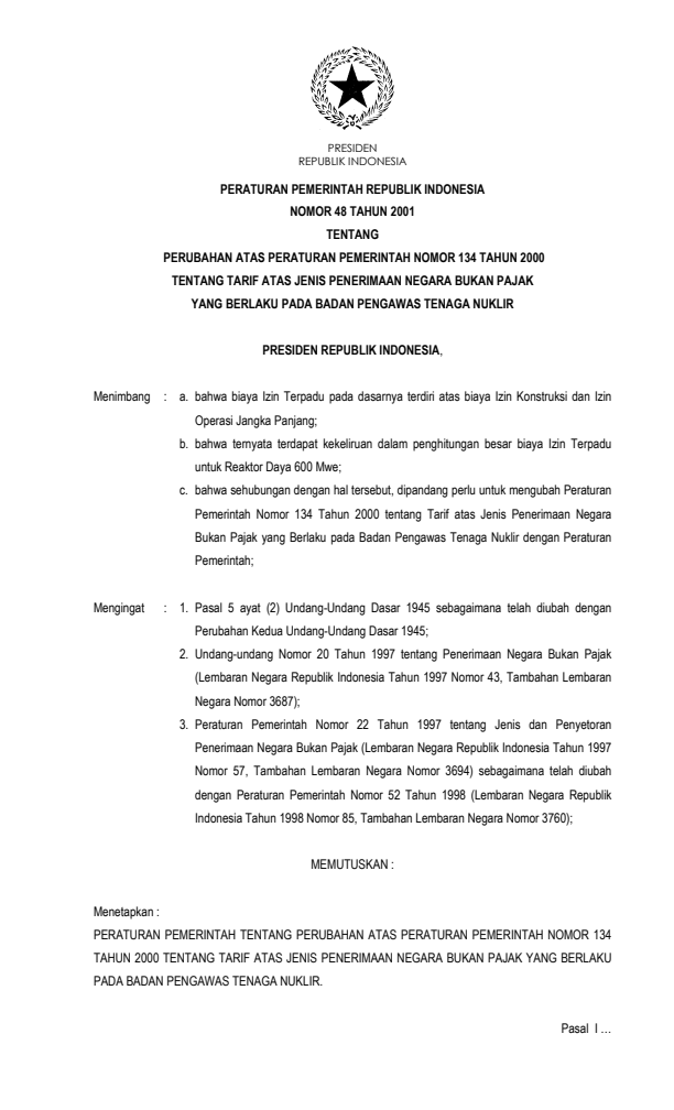Peraturan Pemerintah Nomor 48 Tahun 2001