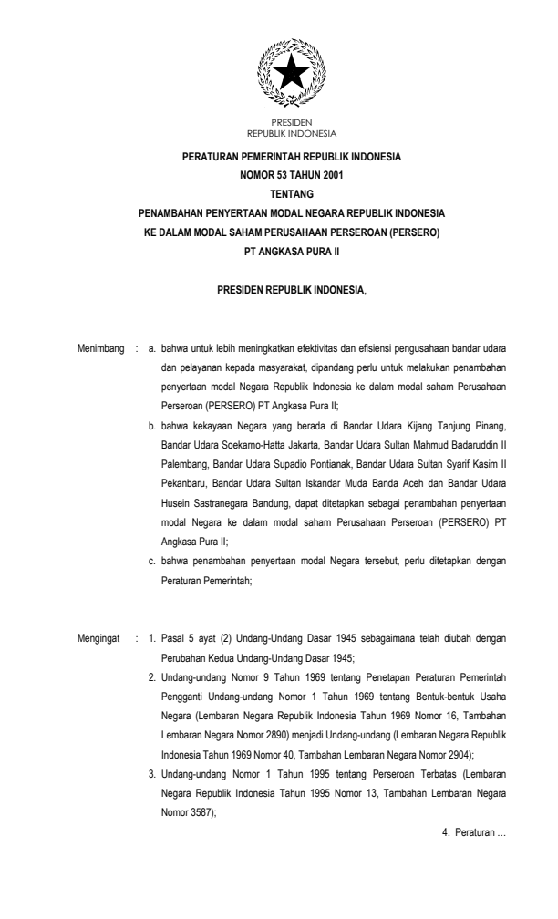 Peraturan Pemerintah Nomor 53 Tahun 2001