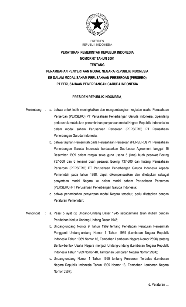 Peraturan Pemerintah Nomor 67 Tahun 2001