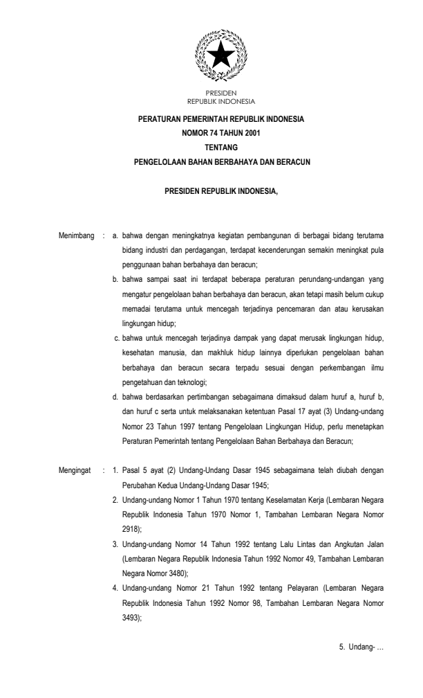Peraturan Pemerintah Nomor 74 Tahun 2001