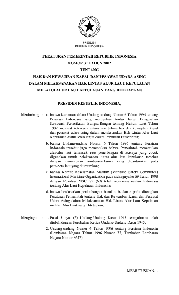 Peraturan Pemerintah Nomor 37 Tahun 2002