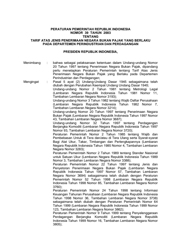 Peraturan Pemerintah Nomor 39 Tahun 2003