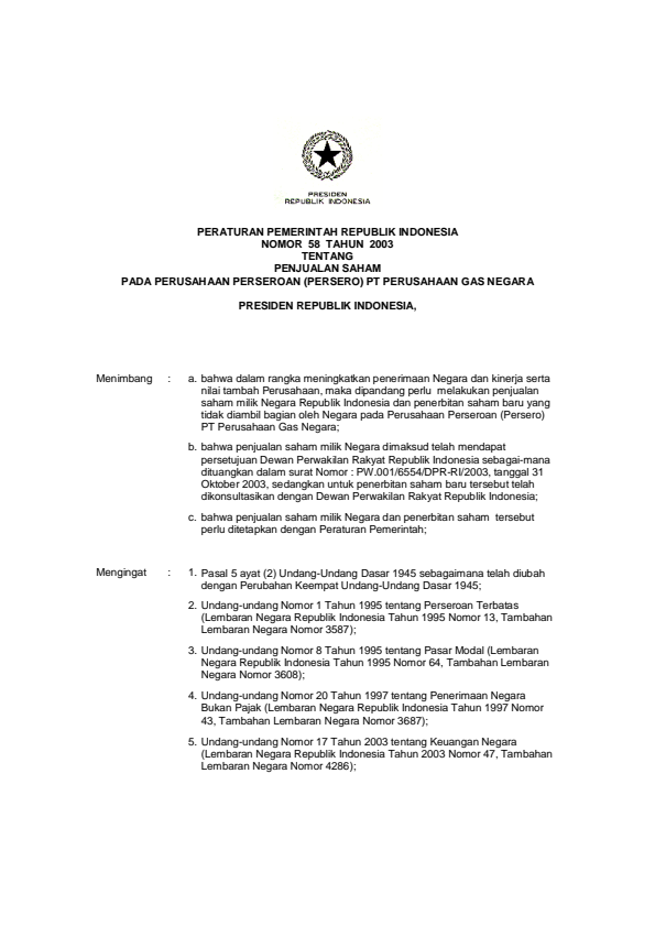 Peraturan Pemerintah Nomor 58 Tahun 2003