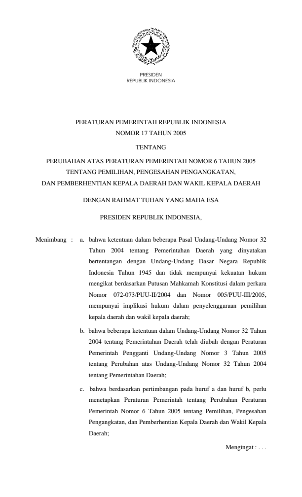 Peraturan Pemerintah Nomor 17 Tahun 2005