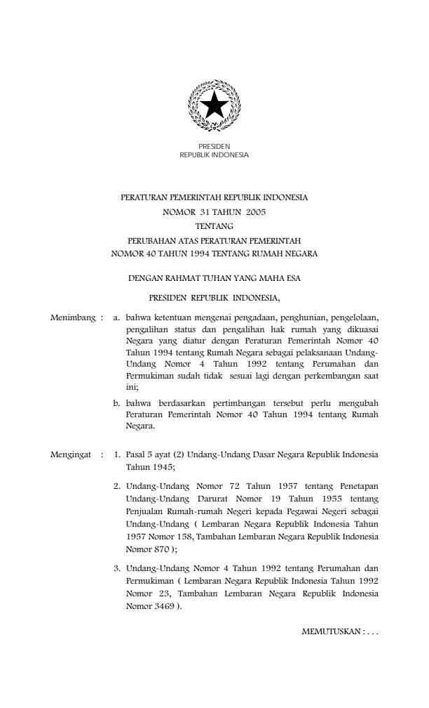Peraturan Pemerintah Nomor 31 Tahun 2005