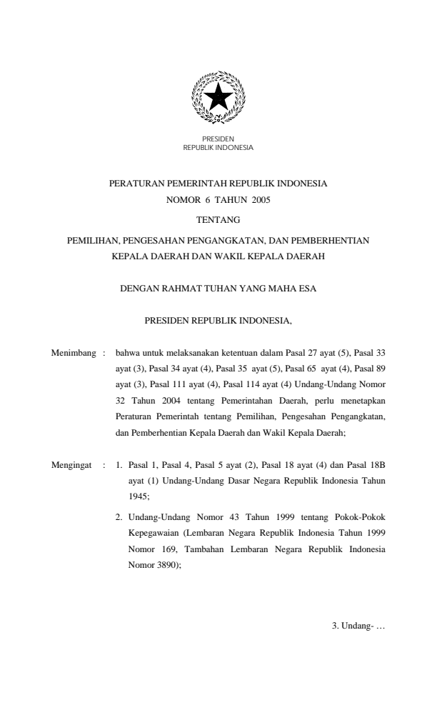 Peraturan Pemerintah Nomor 6 Tahun 2005