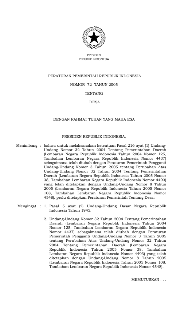 Peraturan Pemerintah Nomor 72 Tahun 2005