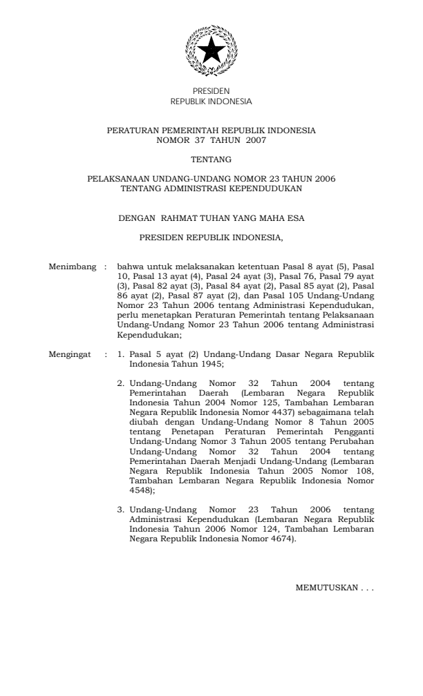Peraturan Pemerintah Nomor 37 Tahun 2007