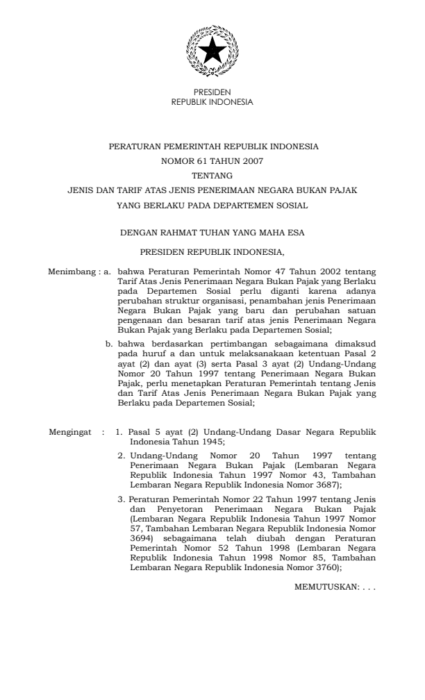 Peraturan Pemerintah Nomor 61 Tahun 2007