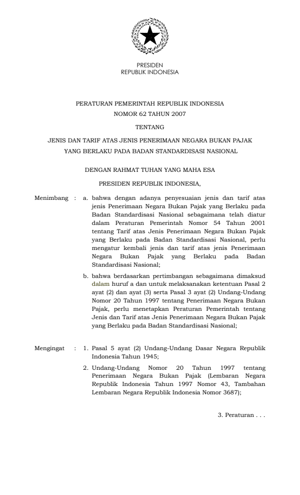 Peraturan Pemerintah Nomor 62 Tahun 2007
