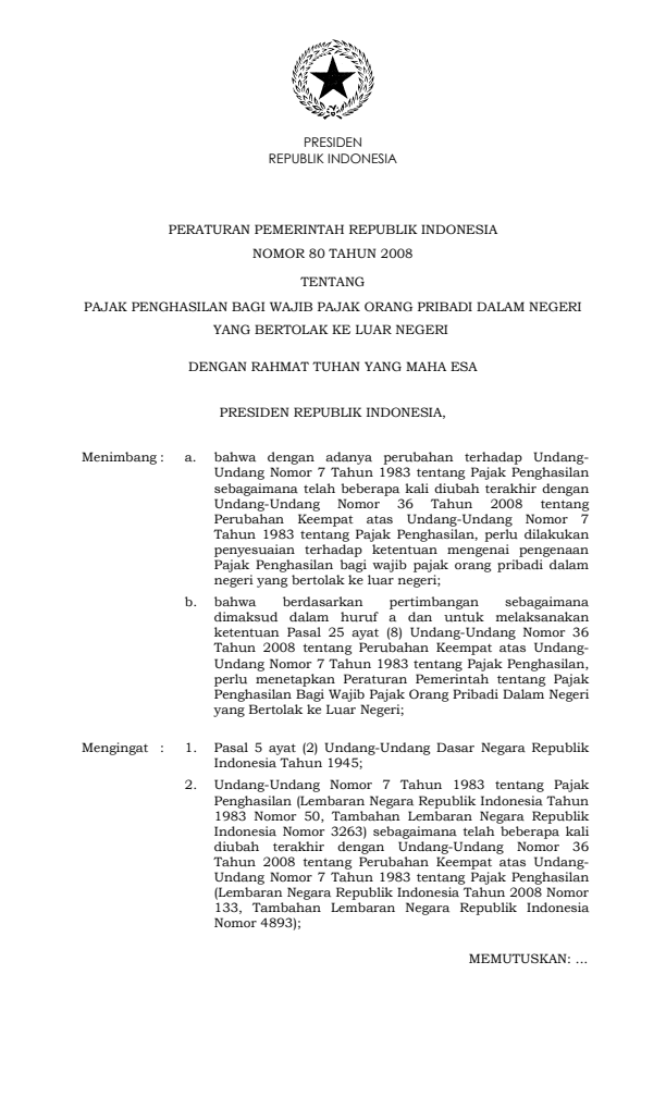 Peraturan Pemerintah Nomor 80 Tahun 2008